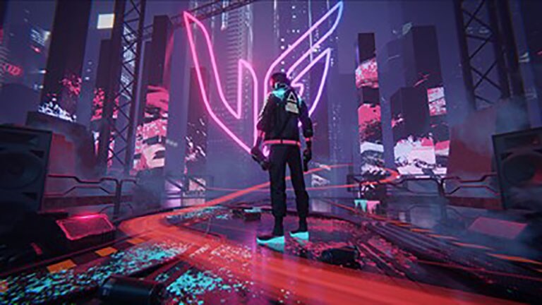 The winning entry of LG’s art contest which places the UltraGear logo in the middle of a futuristic city setting with vibrant neon colors and a character standing in the foreground.