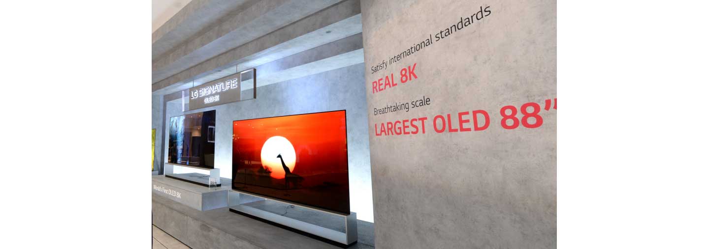 A side view of the promotional stand for the 8K LG SIGNATURE OLED TV lineup