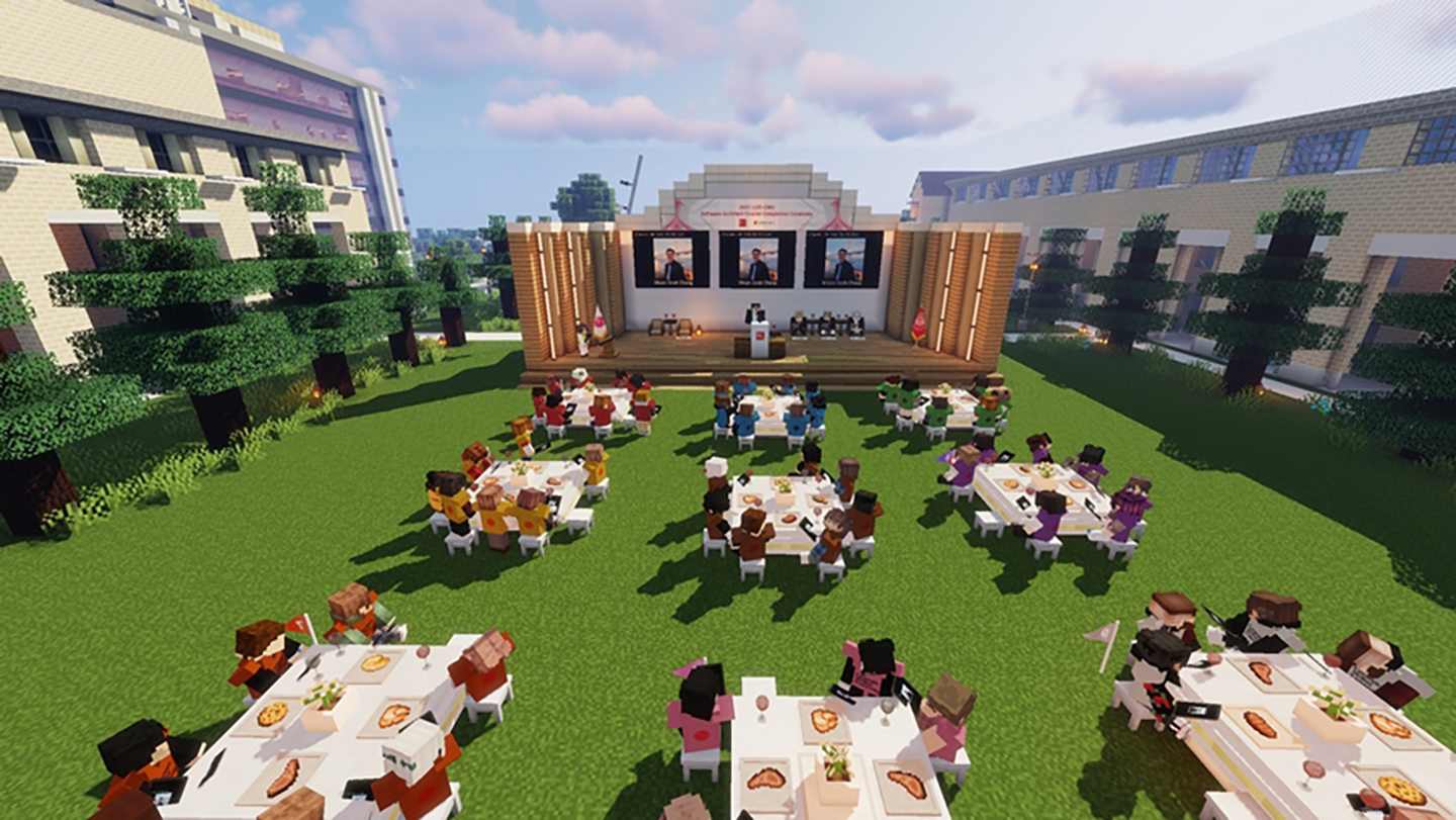 A picture overlooking LG’s metaverse graduation ceremony with employees using virtual avatars to sit together in front of the main stage.