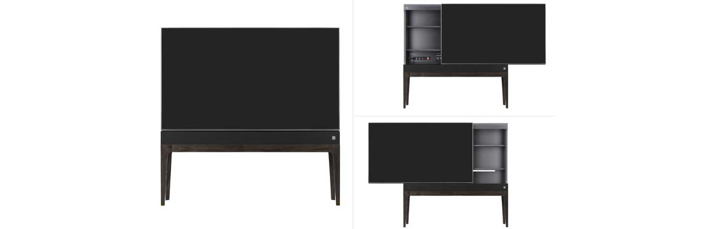 Front view of the display panel of LG Objet TV, which serves as a sliding door for hidden storage, with it slid to the right, left and closed.