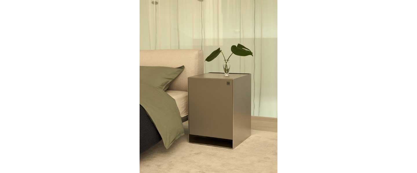 The front view of LG Objet Air Purifier in the bedroom