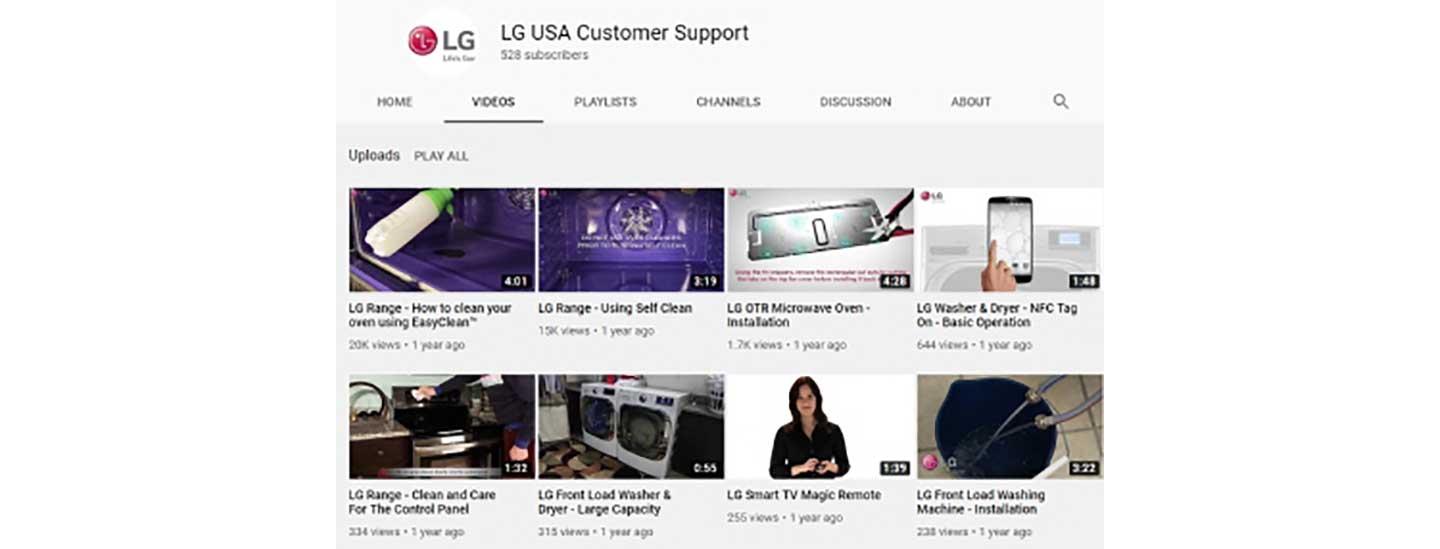 The front page of LG USA Customer Support’s YouTube channel