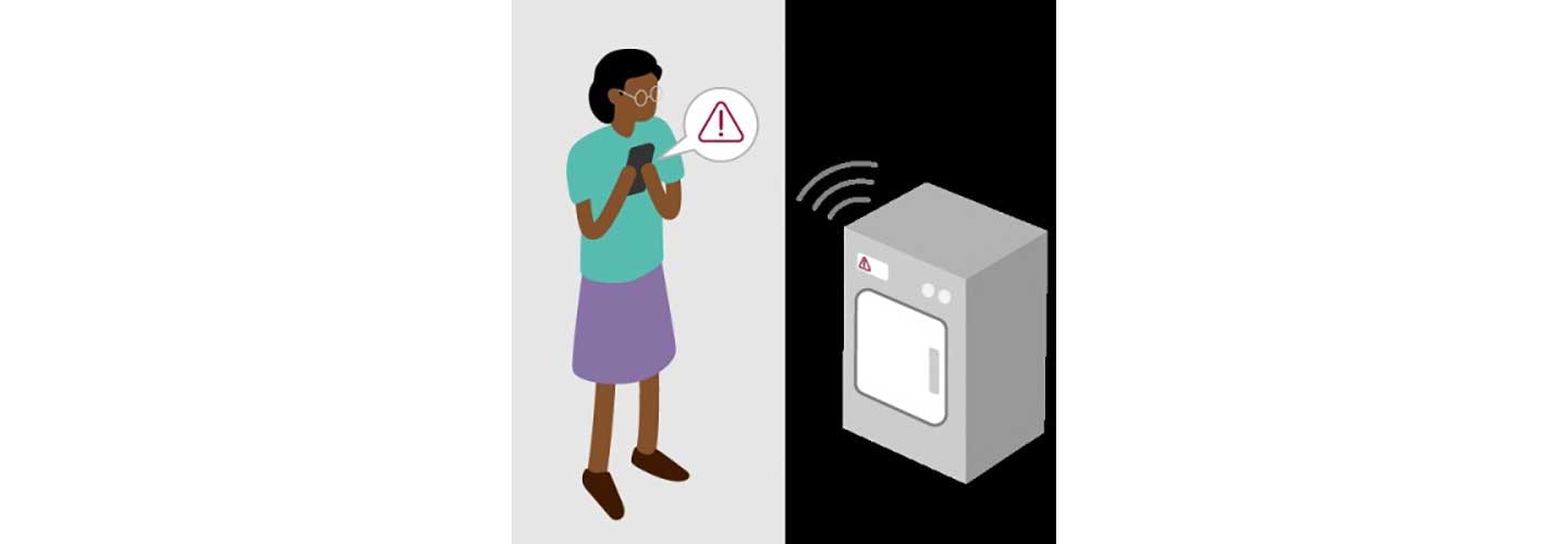 A graphic showing a woman getting an alert on her smartphone from her appliance while away