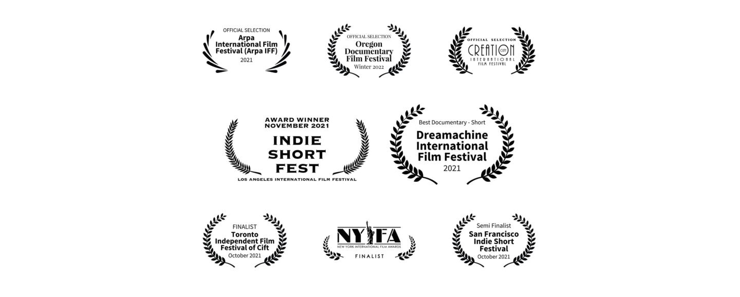Eight different logos of the Arpa International Film Festival, the Oregon Documentary Film Festival, Creation International Film Festival, the Indie Short Fest, the Dreamachine International Film Festival, Toronto Independent Film Festival, New York International Film Awards and the San Francisco Indie Short Festival