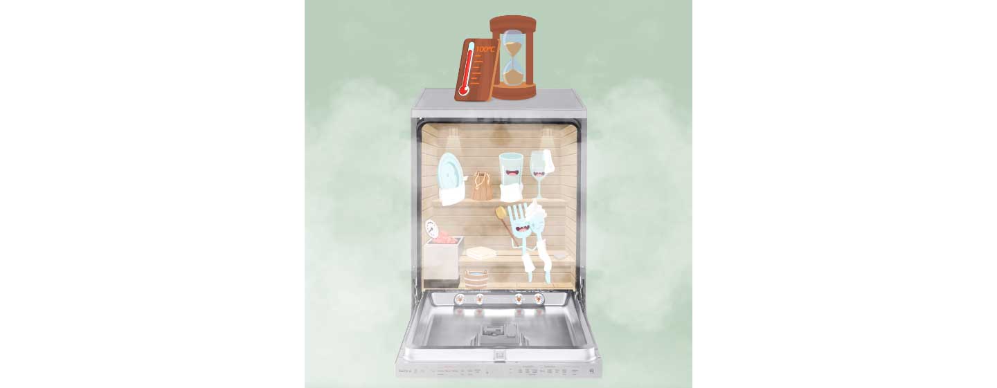 An artist's impression of how the TrueSteam™ technology in LG’s dishwasher generates and emits pure steam to ensure hygienic cleaning and anti-bacterial disinfection