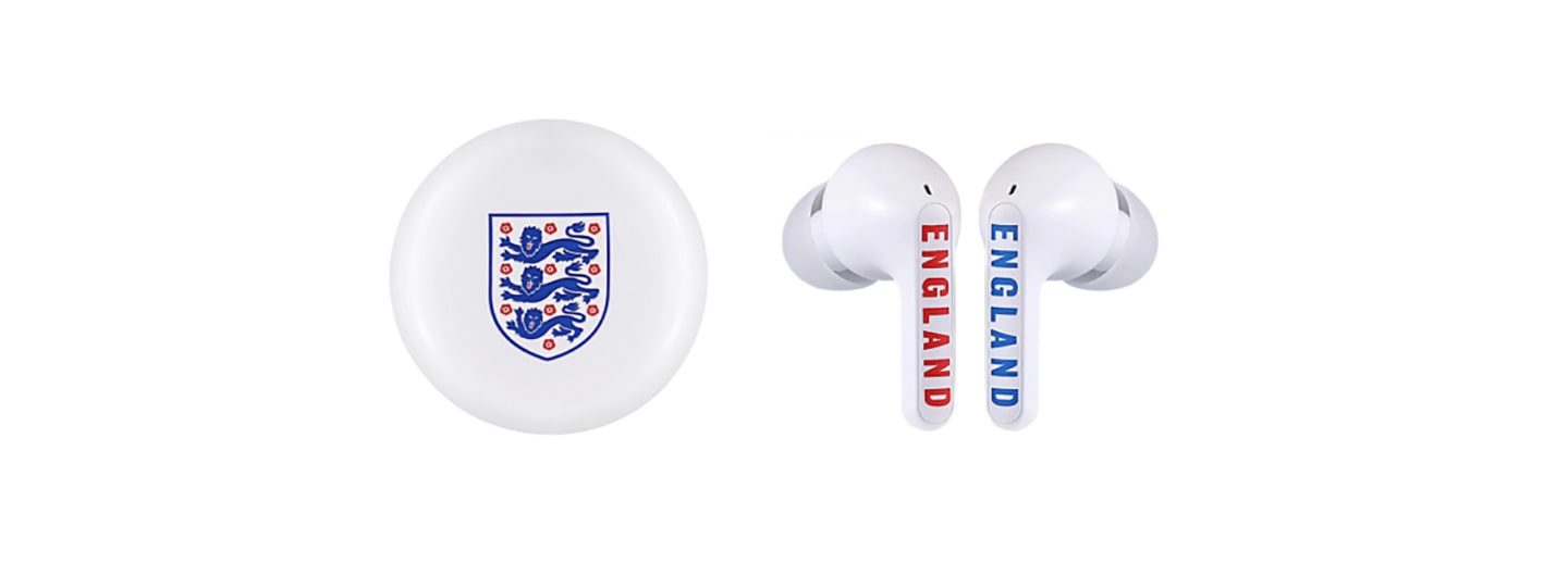 The charging case and earbuds of the limited-edition TONE Free model in partnership with the English National Football Team and the Football Association