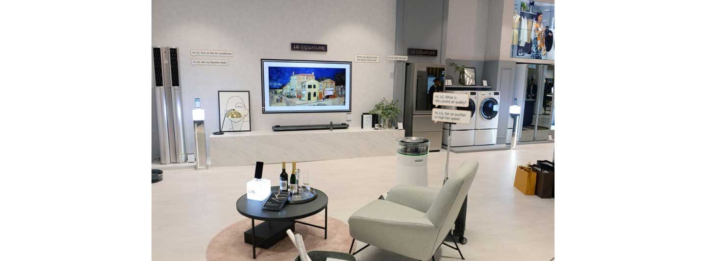 LG ThinQ AI-enabled products and a Natuzzi’s Colosseo sofa are on display at the Smart Living Concept zone in Natuzzi Italia.
