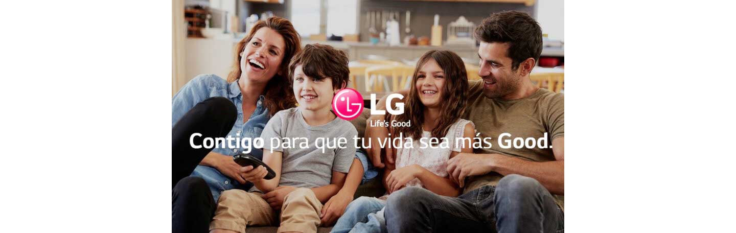 A family of four watch TV together with the LG logo overlapping