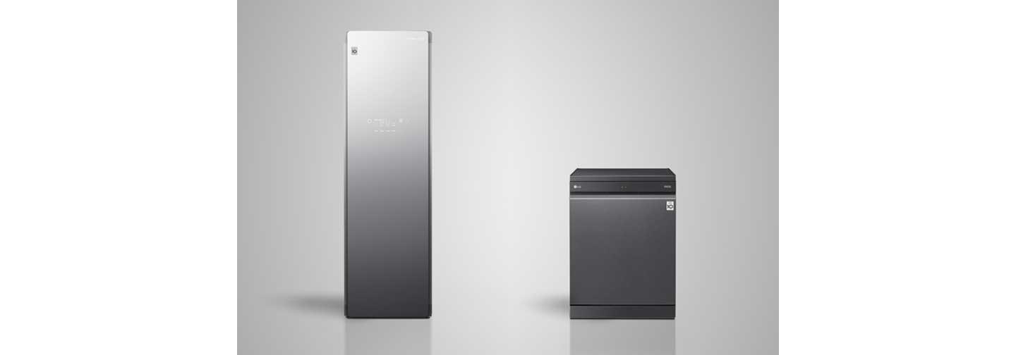 Front view of LG Styler standing next to an LG TrueSteam™ dishwasher.