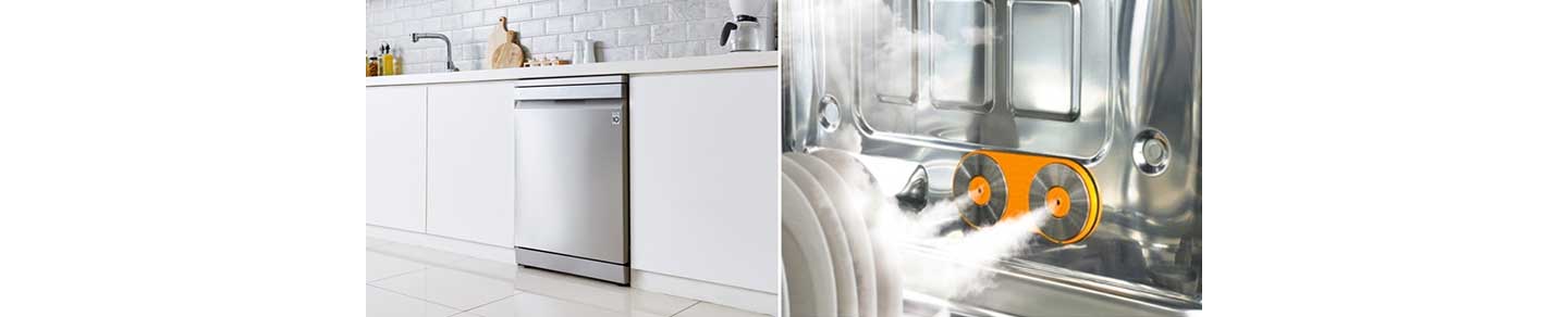 The LG TrueSteam dishwasher fitted into a kitchen on the left, and a look inside the dishwasher and its TrueSteam technology on the right.