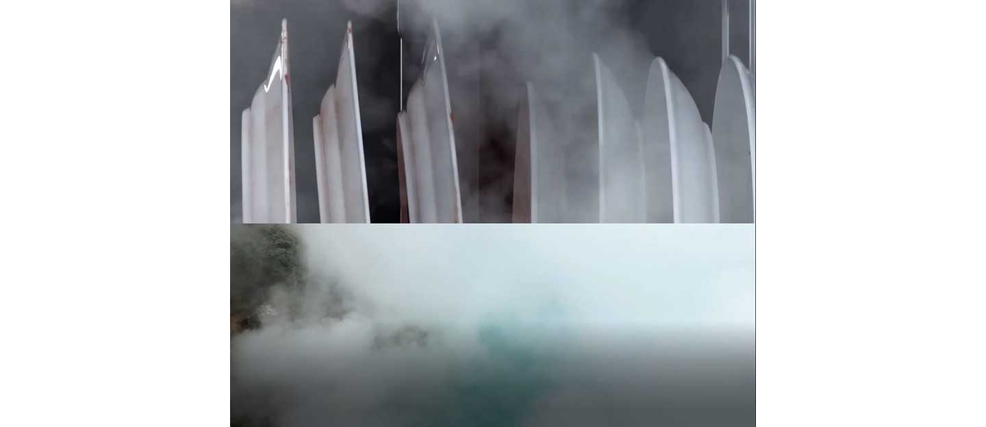 An image combining the High-temperature TrueSteam produced inside the dishwasher with the natural steam coming off a lagoon.