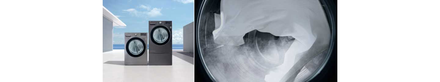 Front view of LG’s new dryer with TrueSteam next to an image showing inside the drum as it runs a cycle with steam.