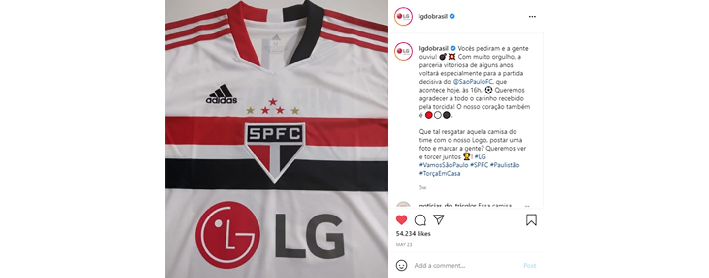  LG Brazil’s Instagram post showing São Paulo FC’s official uniform with LG as its main shirt sponsor
