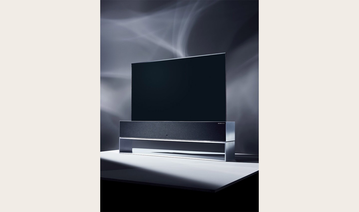 Concept image of the front LG SIGNATURE OLED TV R facing 10 degrees to the left at a darkened studio