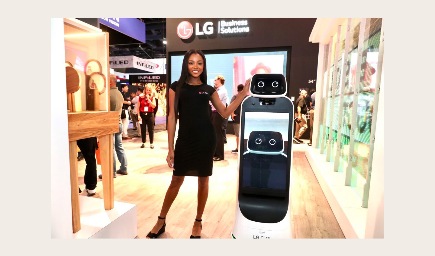 A diverse lineup of LG's LED signage products and autonomous robots showcased in Las Vagas at InfoComm 2022.