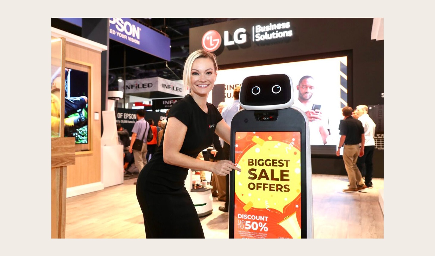 A diverse lineup of LG's LED signage products and autonomous robots showcased in Las Vagas at InfoComm 2022.