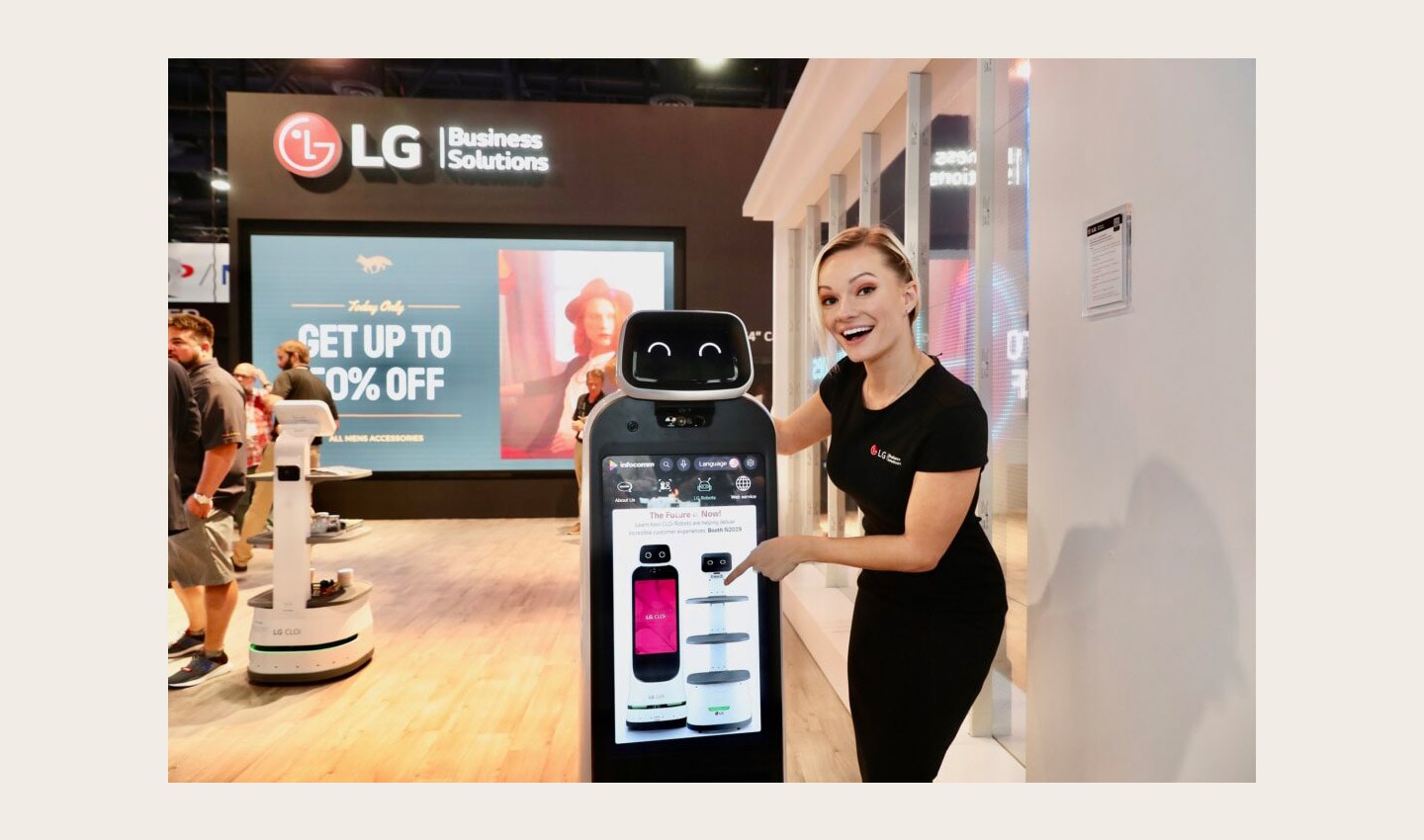 A diverse lineup of LG's LED signage products and autonomous robots showcased in Las Vagas at InfoComm 2022.