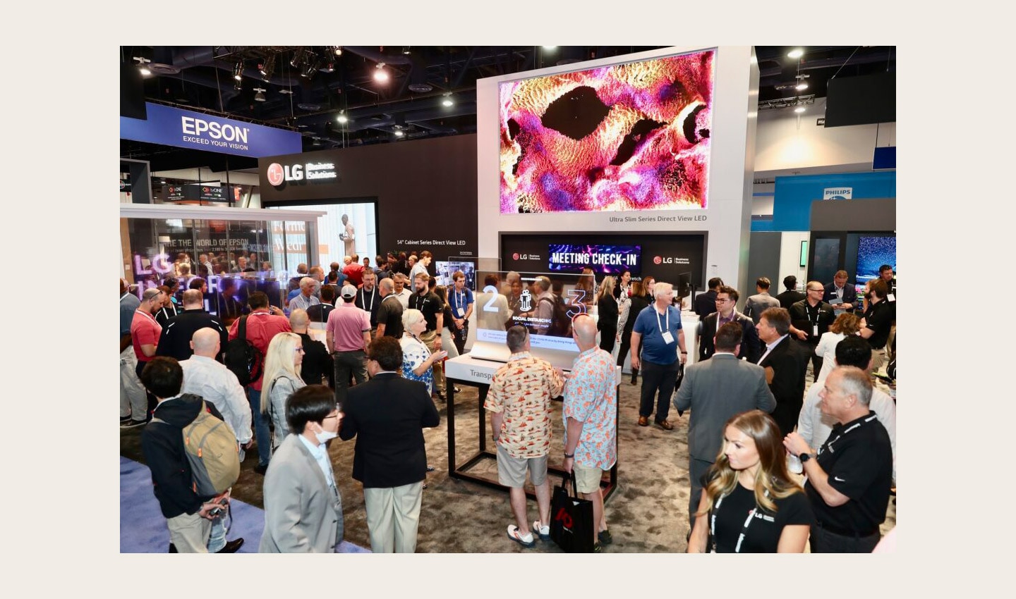 A diverse lineup of LG's LED signage products and autonomous robots showcased in Las Vagas at InfoComm 2022.