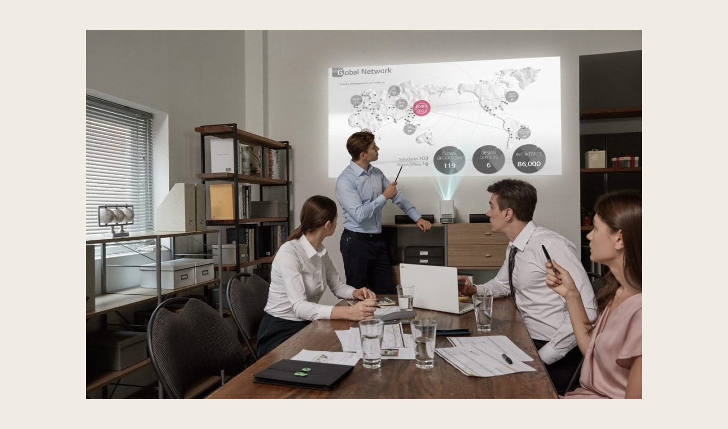 People in a business meeting watch a presentation that is being projected on the wall by the LG ProBeam Projector HF85J.