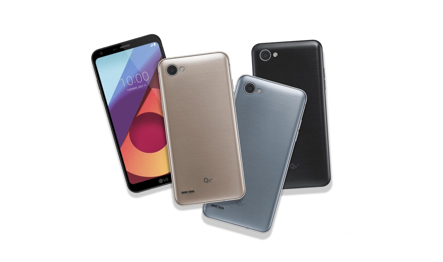 Another image of front and rear view of four LG Q6a phones to show color options