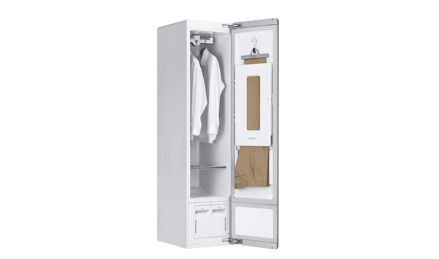 The LG Styler steam closet system facing 45 degrees to the right with the door open