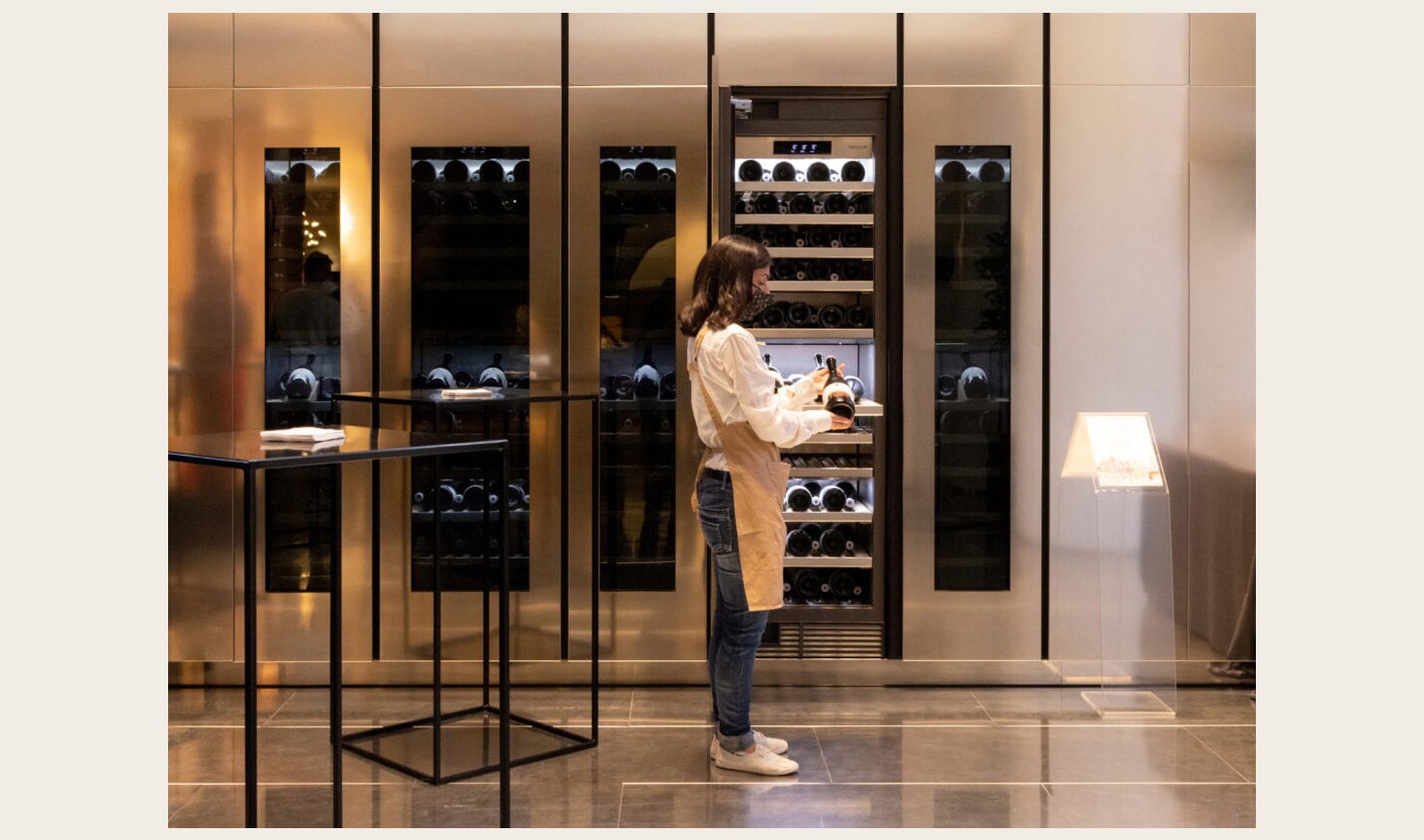 Signature Kitchen Suite 18-inch and 24-inch column wine cellars are showcased at the Signature Kitchen Suite showroom in Piazza Cavour, Milan, Italy