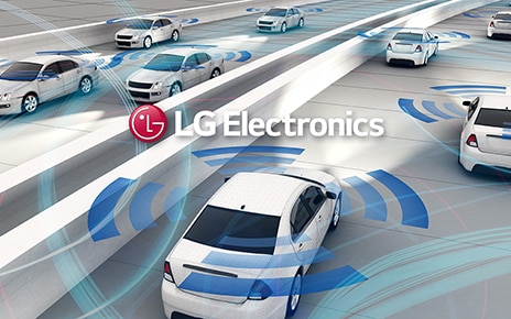 An illustration of a car in the middle of a road surrounded by other vehicles with LG Electronics' logo overlapping