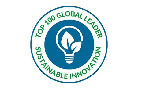 A logo in a shape of circle with an illustration of a lightbulb in the center and the phrases 