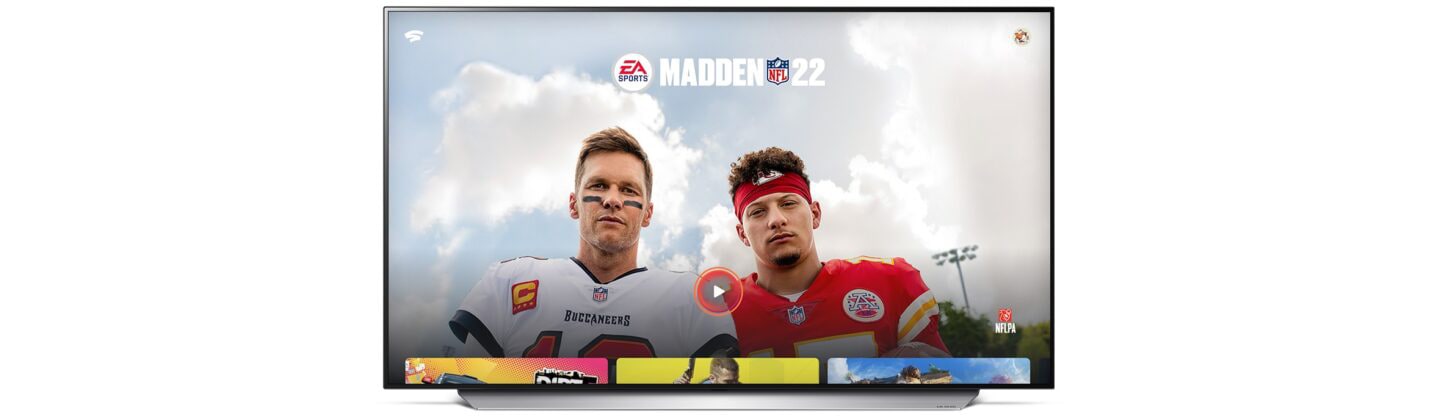 An LG TV displaying video game Madden NFL 22 which is available to play on Google Stadia via LG's cutting-edge smart TVs.