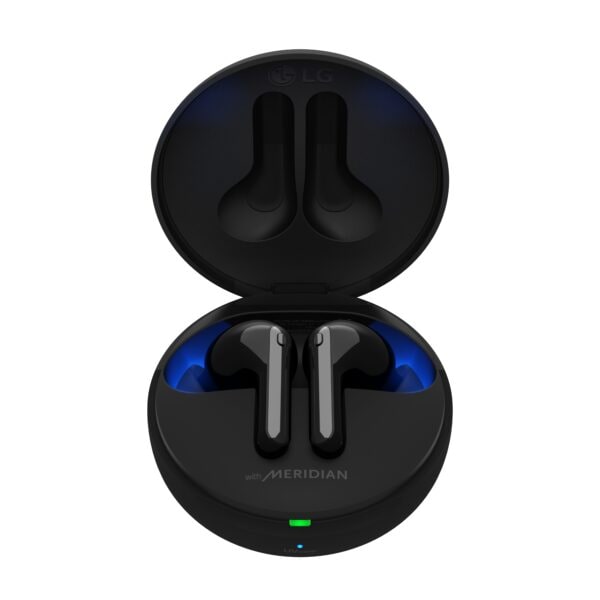 A pair of TONE Free FN7 earbuds in Stylish Black sitting inside its UVnano Charging case, which is emitting a blue light from the top of the case informing charging level and UV nano status