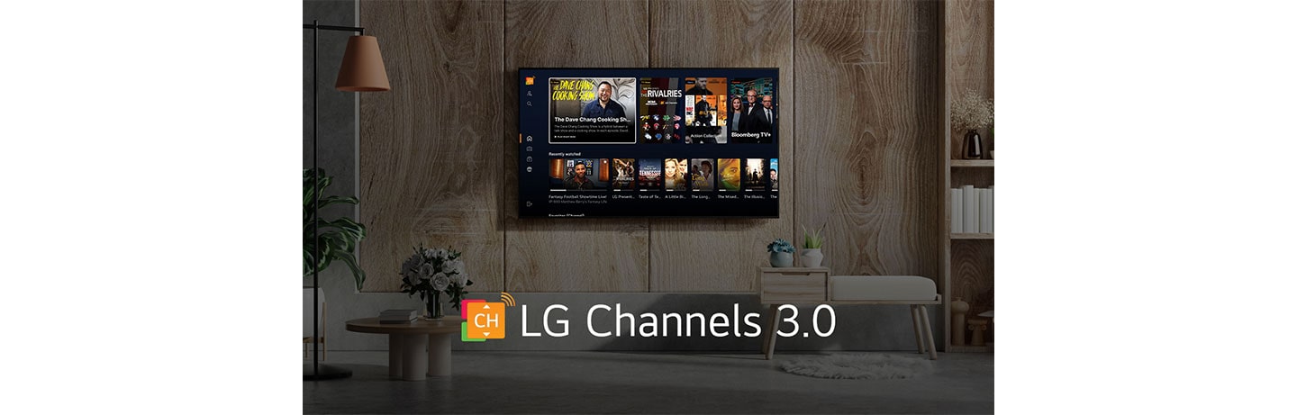 An LG OLED TV in a wood-themed living room displaying the home screen of the new LG Channels 3.0