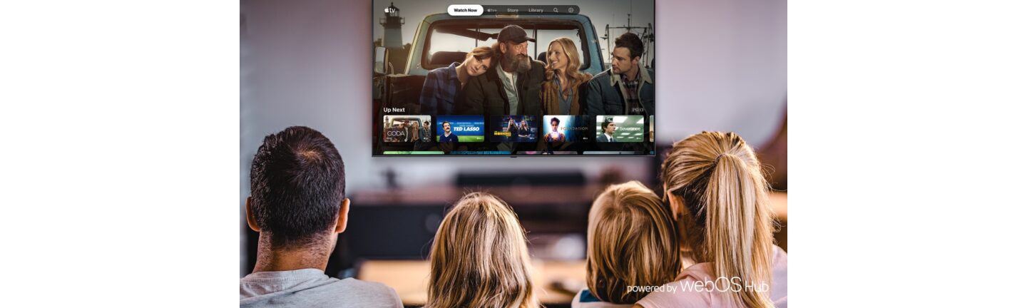 A family of four browsing the Apple TV Watch Now page via the newly released LG webOS Hub 2.0