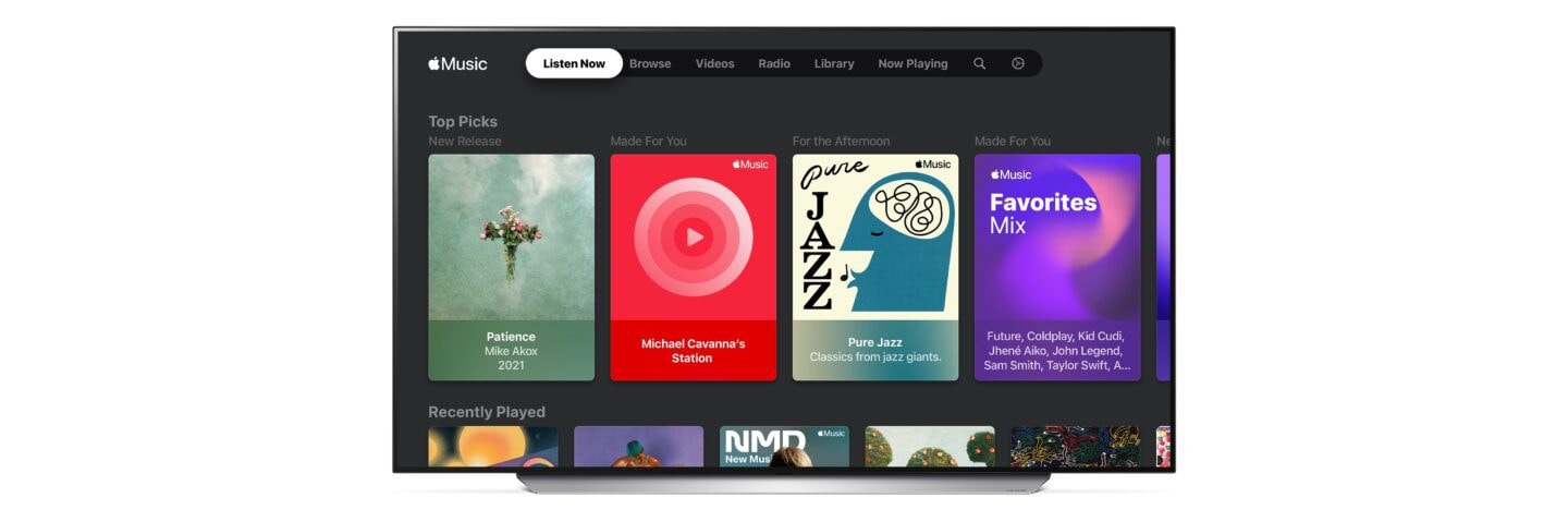 LG TV displaying the Top Picks and Recently Played playlists on the Listen Now section of the Apple Music app