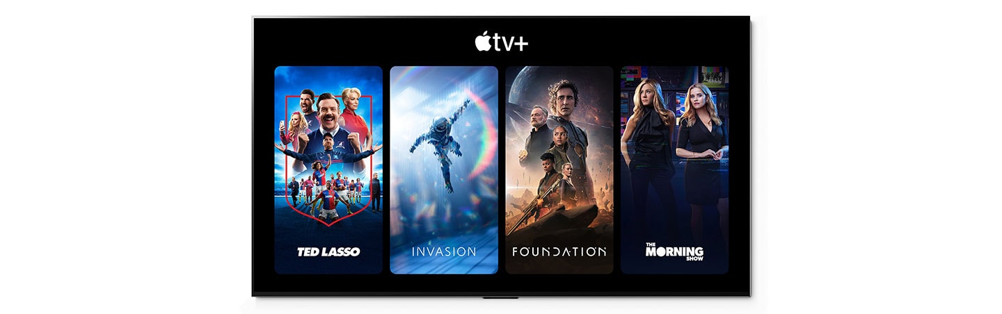 The home screen of Apple TV+ with various Apple TV+ shows displayed including Ted Lasso and Invasion