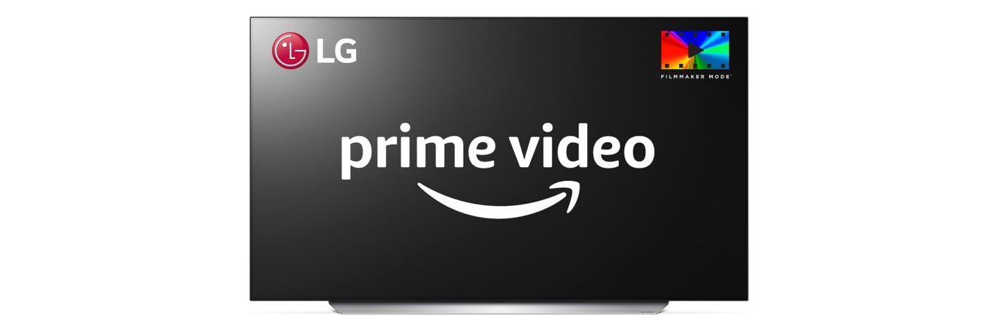 An LG TV displaying the Prime Video logo in the center of the screen with smaller LG and Filmmaker Mode logos in the top corners.