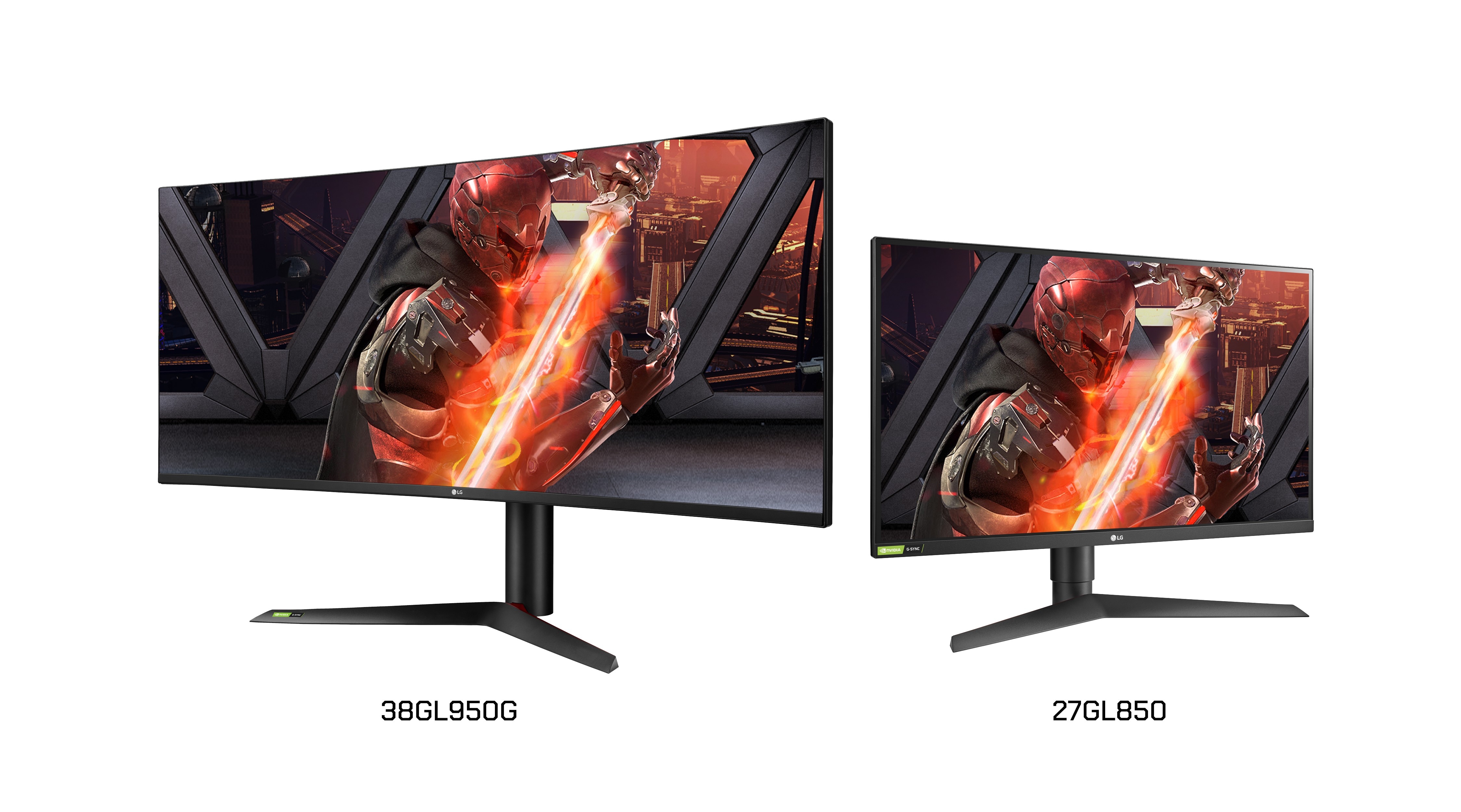 A right-side view of LG UltraGear Nano IPS G-SYNC Gaming Monitor model 38GL950G and a left-side view of model 27GL850.