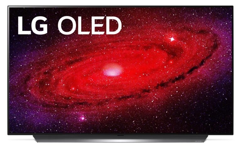 Front view of LG’s 48-inch OLED TV displaying every detail of a red and purple galaxy, with the LG OLED logo in the top-left corner of the screen