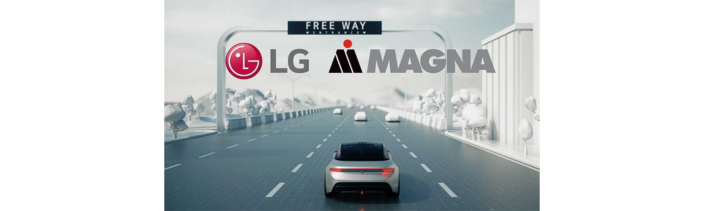 An image of a car on a freeway with LG and Magna logos overlapping