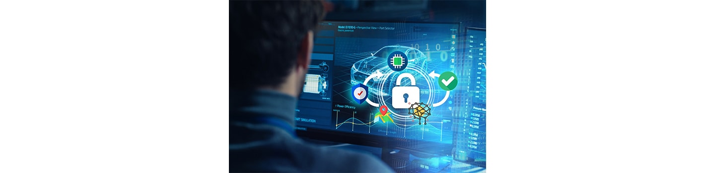 An engineer checks functional and cybersecurity aspects for electric vehicle components