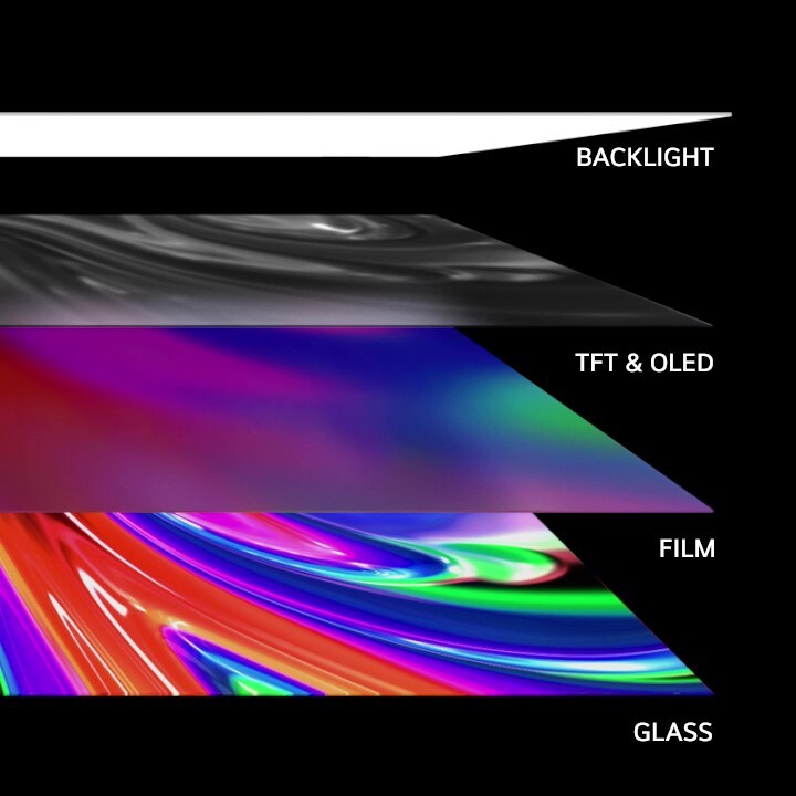 4 layers of a TV within a side of view: a backlight, TFT & OLED, Film, & Glass. The backlight disappears, and the other 3 come together and then rotate upwards to show the full TV from a front view.