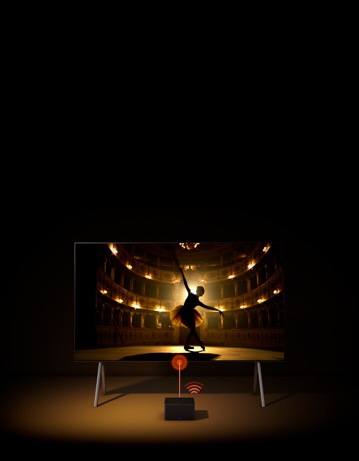 座地架上的 LG OLED 電視和 Zero Connect Box 的鳥瞰圖。紅色的連接標誌和訊號出現在盒子上方,將其與電視連接起來。電視被開啟,視角切換到正面視圖,顯示芭蕾舞者在舞台上獨舞。