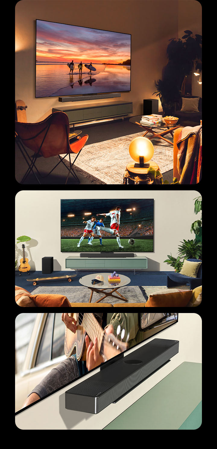 依序顯示三幅影像。第一個影像顯示 LG OLED evo C4 的側面外觀,畫面中是一個舒適而波西米亞風格的客廳,在溫暖的燈光下展示風景攝影相片。然後,兩名女士在明亮而舒適的客廳裡,觀看在 LG OLED evo C4 上播放的足球比賽並為此而歡呼。LG Soundbar SC9 整齊地固定在電視上。最後一個影像顯示在 Synergy 支架上,與 LG Soundbar SC9 連接的 LG OLED evo C4 的斜角裁剪視圖。