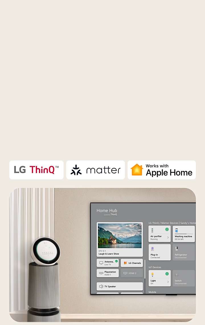 LG ThinQ™、Matter 和 Apple Home 的標誌。  一部安裝在牆上的 LG 電視，左邊是 LG PuriCare™ Objet Collection 360°。電視顯示 Home Hub，指標點擊「Air purifier」，LG PuriCare™ Objet Collection 360° 已啟動。