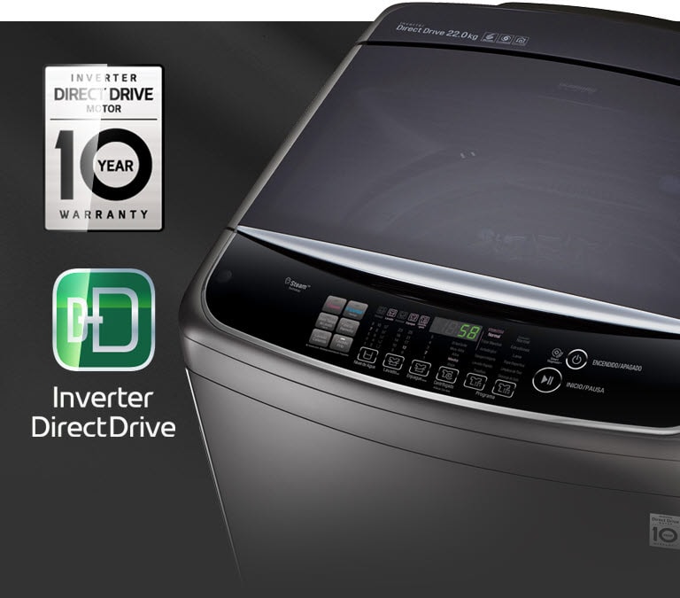 洗衣機的頂視圖顯示了其控制面板,旁邊為 10 年保養標誌與 Inverter DirectDrive 標誌。當光束掠過時,這些標誌也閃過亮光。