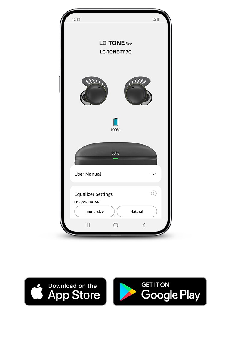 手機顯示連結至 TONE Free fit 產品的 LG TONE Free 應用程式畫面,右側是 Apple App Store 及 Google Play Store 圖示。