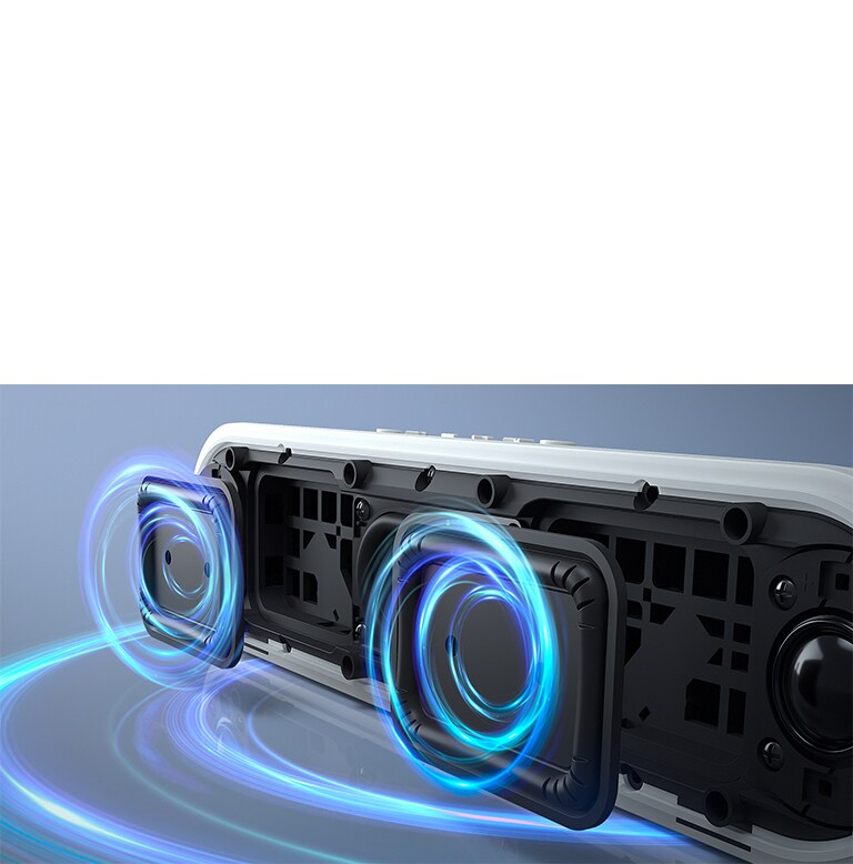 LG StanbyME 喇叭 XT7S 置於一個平面上，展示其雙被動輻射器。藍色圖形從被動輻射器和喇叭底部傳出