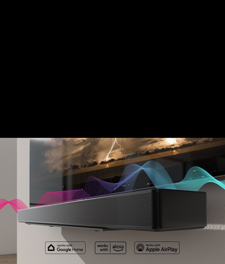 Sound Bar 掛在牆上,電視在正上方。聲波在彼此間穿梭,由紅色變為藍色。