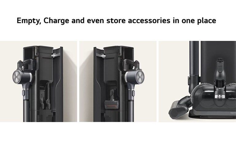 LG開發了具備自動清空功能的 LG CordZero™ All-in-One Tower™，改善吸塵機清空塵盒的情況。當連接至底座時， LG 吸塵機會自動將灰塵倒入 All-in-One Tower™ 的大型集塵盒中，免除了手動清空吸塵機的需要。更具備 3 重過濾系統，能保證過濾灰塵及微粒，防止在清空過程中灰塵或寵物毛髮被重新釋放到空氣中。另外 All-in-One Tower™ 還提供收納空間放置吸塵機的配件，讓你享受更好的清潔體驗。