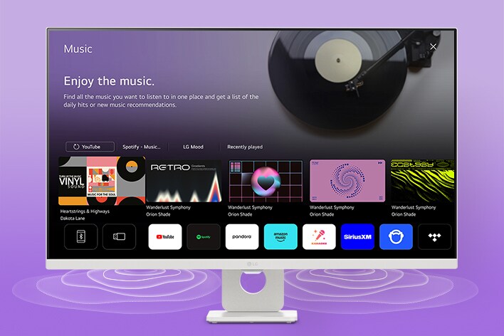 LG Smart Monitor 螢幕展示音樂戲應用程式介面。
