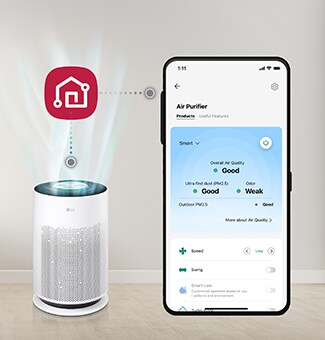 左面有部 PuriCare 空氣清新機噴出空氣，頂部可見 LG ThinQ 標誌，右面的 LG ThinQ 應用程式畫面連接至手機。
